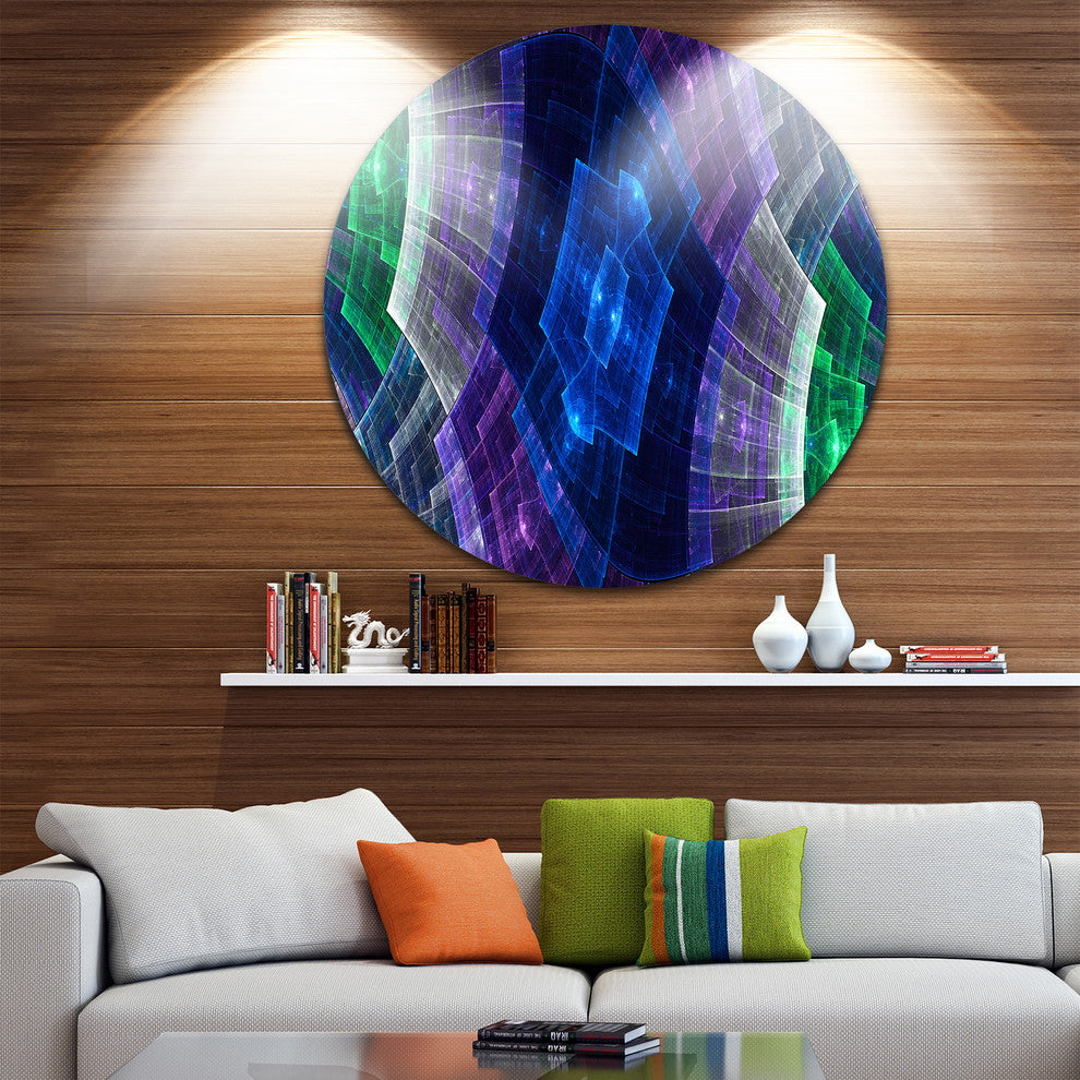 Blue And Green Fractal Flower Grid, Abstract Disc Metal Wall Art, 36"