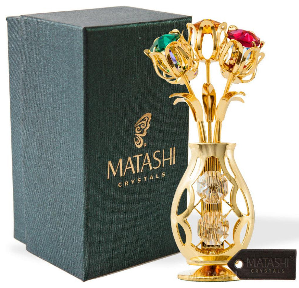 Matashi 24K Gold Plated Flowers Bouquet and Vase, Colorful Crystals Home Decor