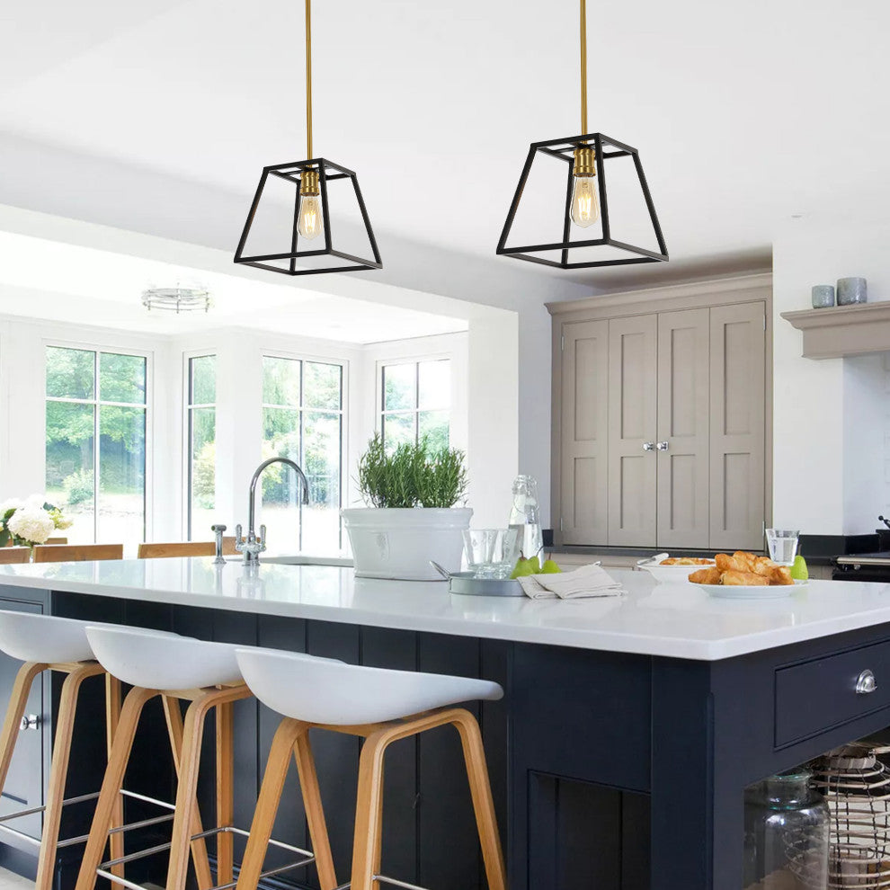 Girard 9.25" 1-Light Farmhouse Industrial Iron LED Pendant, Black/Brass Gold