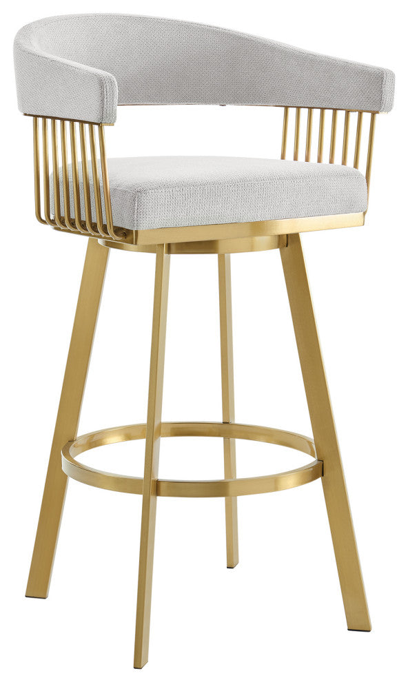 Chelsea Swivel Counter Stool, Gold Brushed Stainless Steel, Silver Fabric, 26"