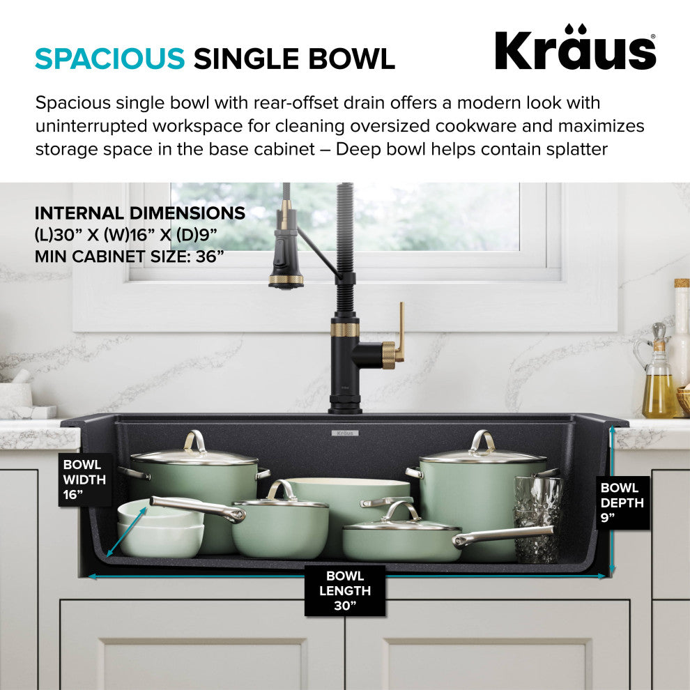 KRAUS Bellucci 33" Workstation Drop, Farmhouse Granite Kitchen Sink MBL