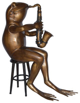 Frog playing saxophone bronze statue - Size: 23"L x 15"W x 30"H.