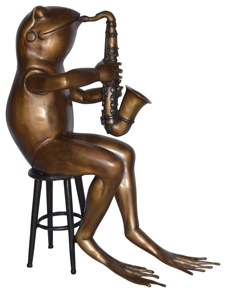 Frog playing saxophone bronze statue - Size: 23"L x 15"W x 30"H.