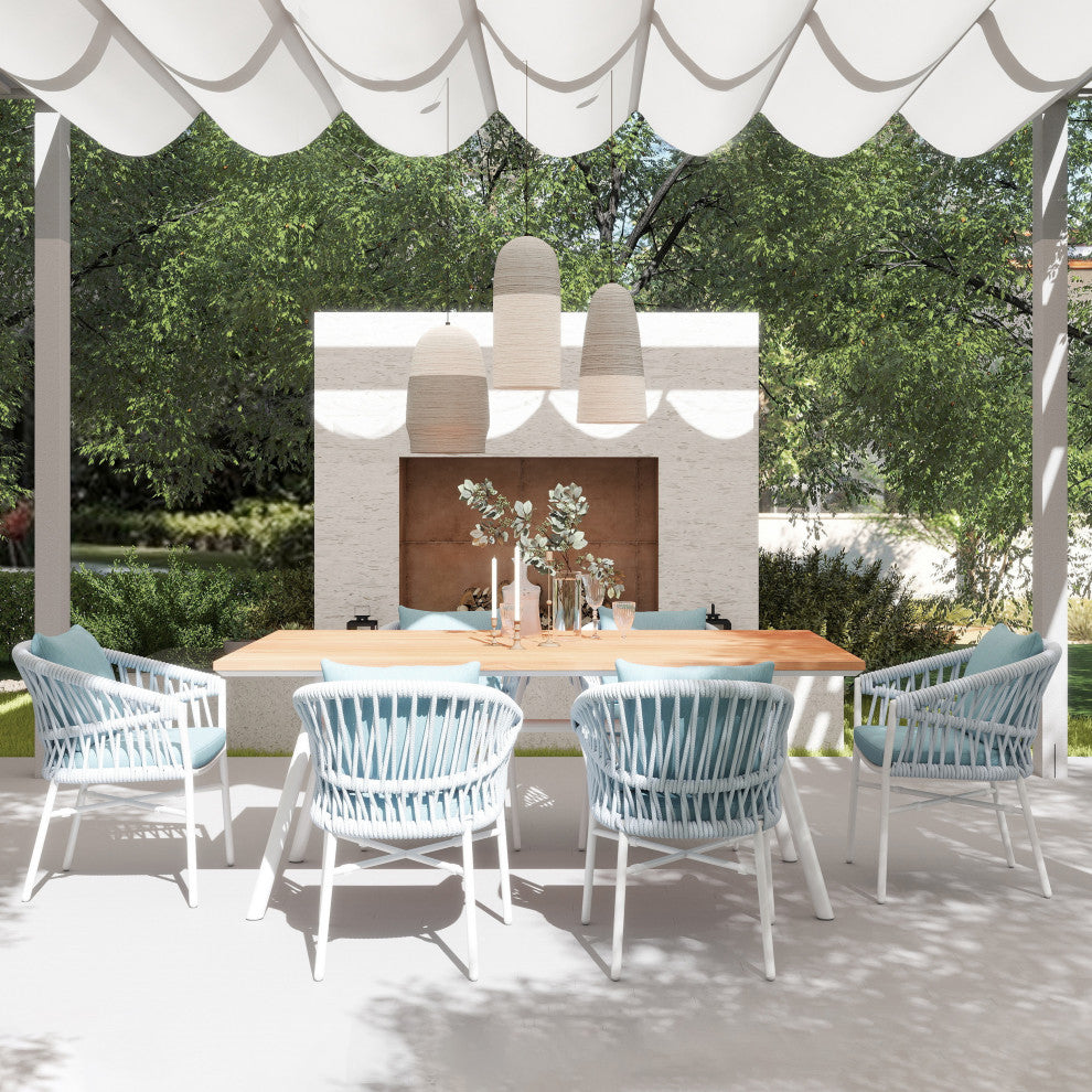Maiden 71" 7-Piece Weaving Outdoor Patio Dining Set, Sky Blue Sunproof Olefin