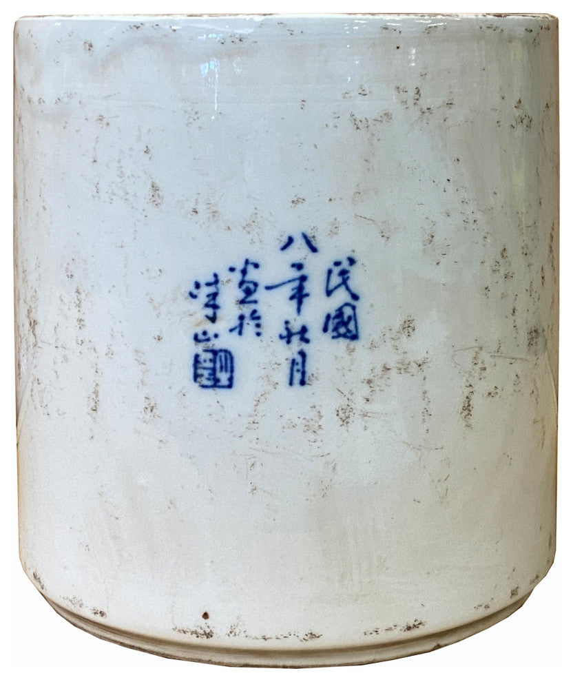 Chinese Distressed White Porcelain Blue Blossom Graphic Holder Vase Hws2361