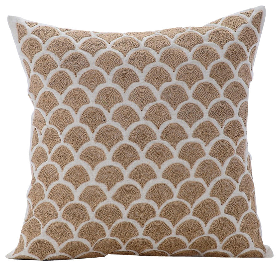 Beige Throw Pillow Covers 16"x16" Cotton, Jute Trellis