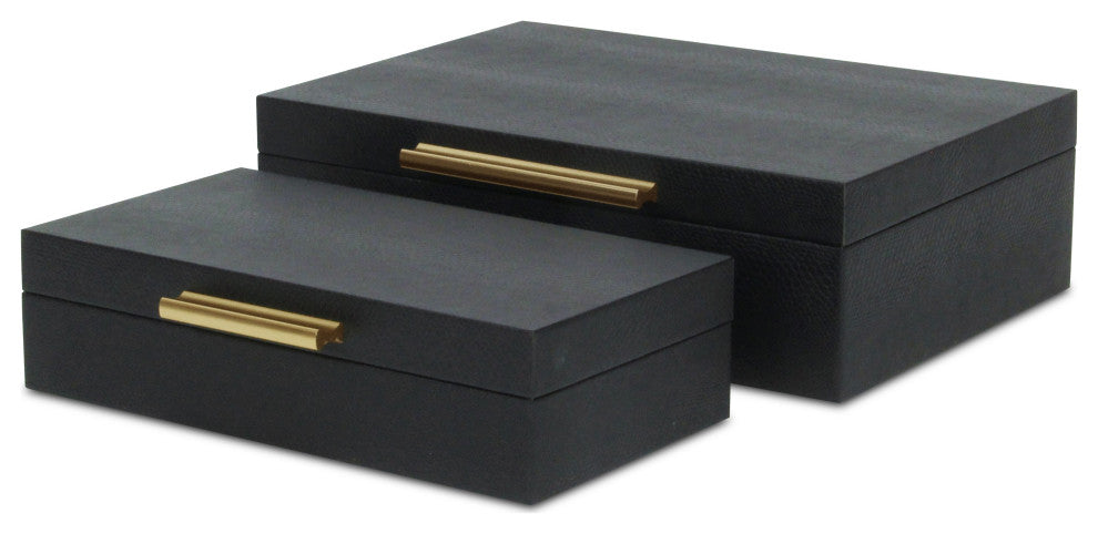 Lusan Rectangular Decorative Box Set, Black Faux Snakeskin