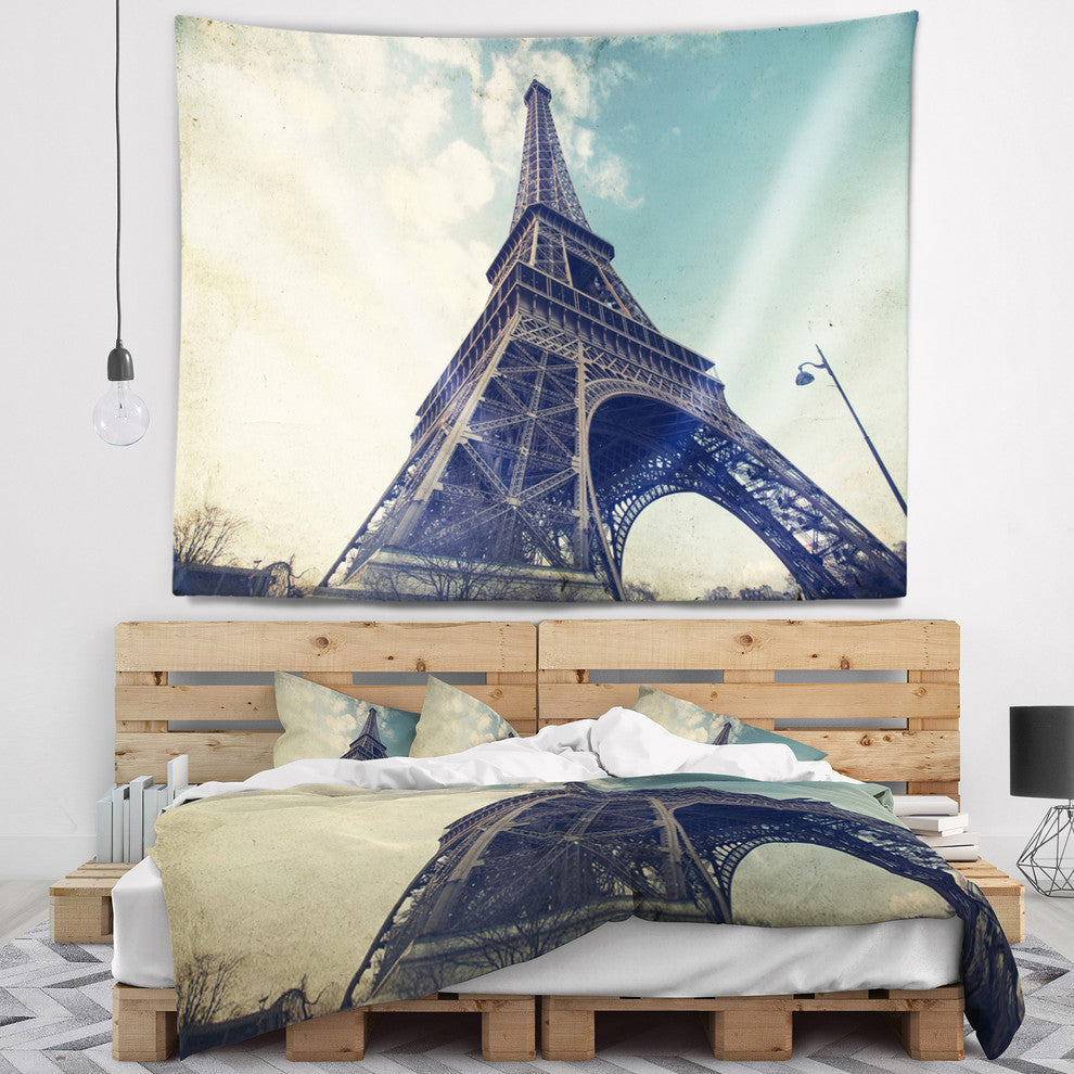 Paris Paris Eiffel TowerVintage View from Ground Wall Tapestry, 60"x50"