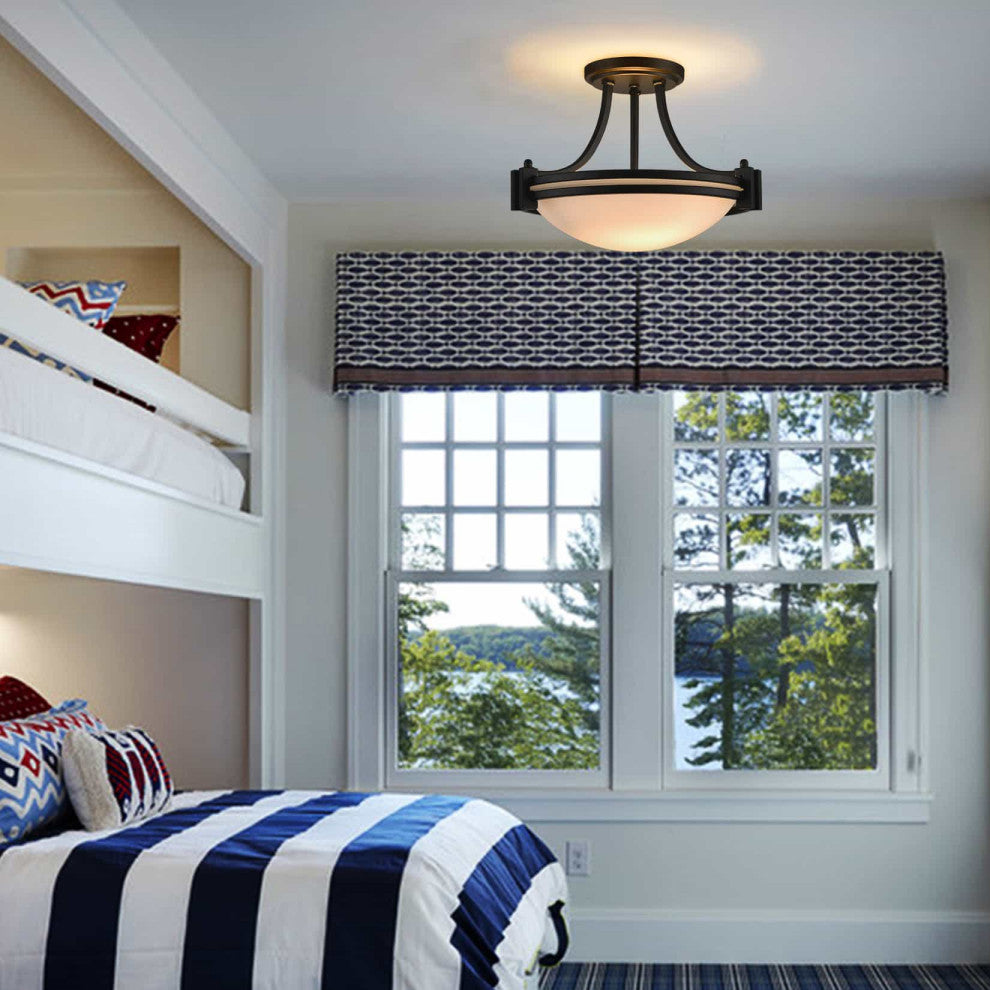 Black Semi Flush Mount Ceiling Light With Milk Glass