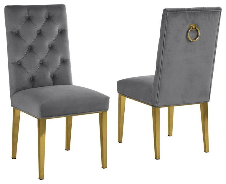 Velvet Tufted Side Chairs in Dark Gray with Gold Chrome Legs (Set of 2)