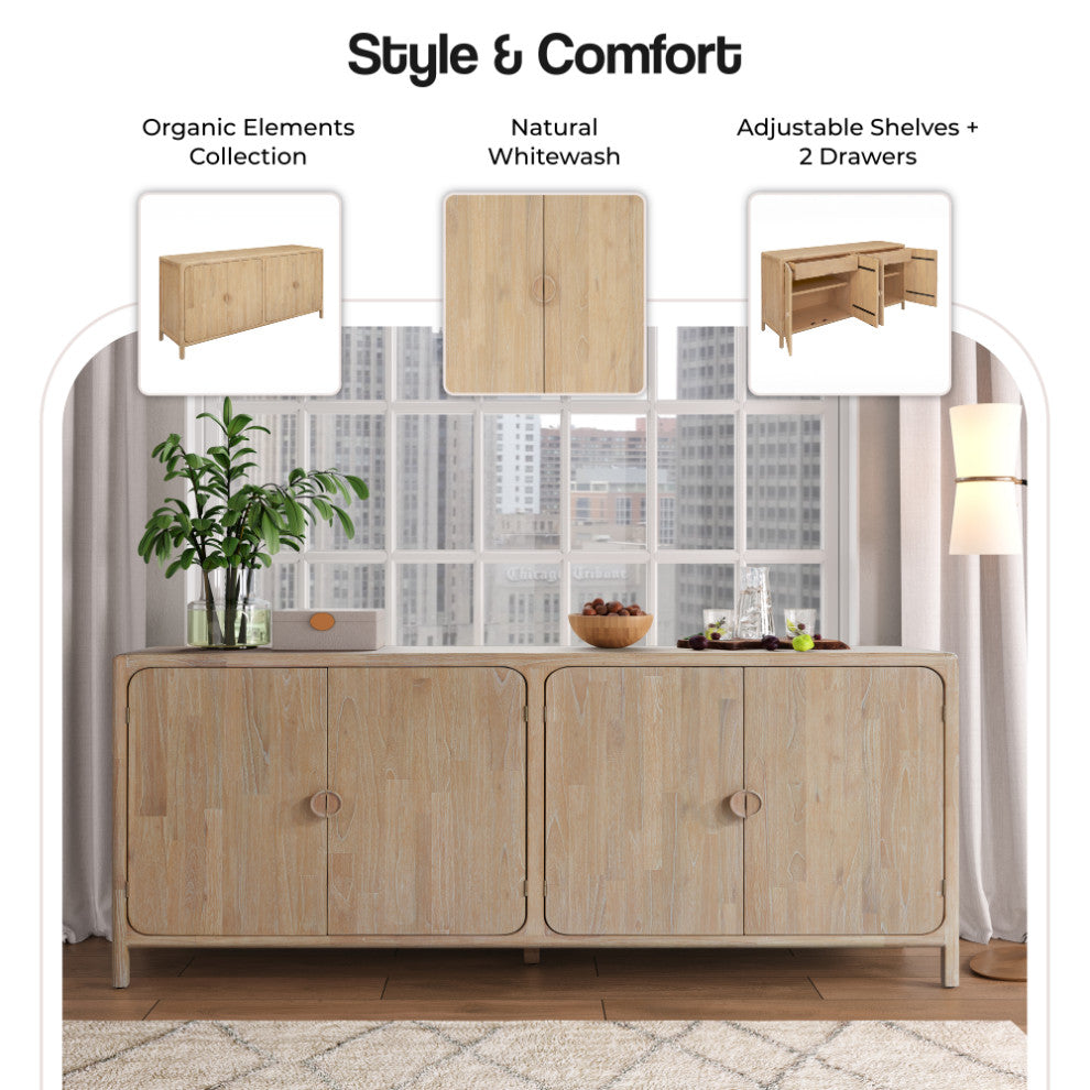 Hansville Sideboard 4 Doors With 2 Inner Drawers, Natural Whitewash