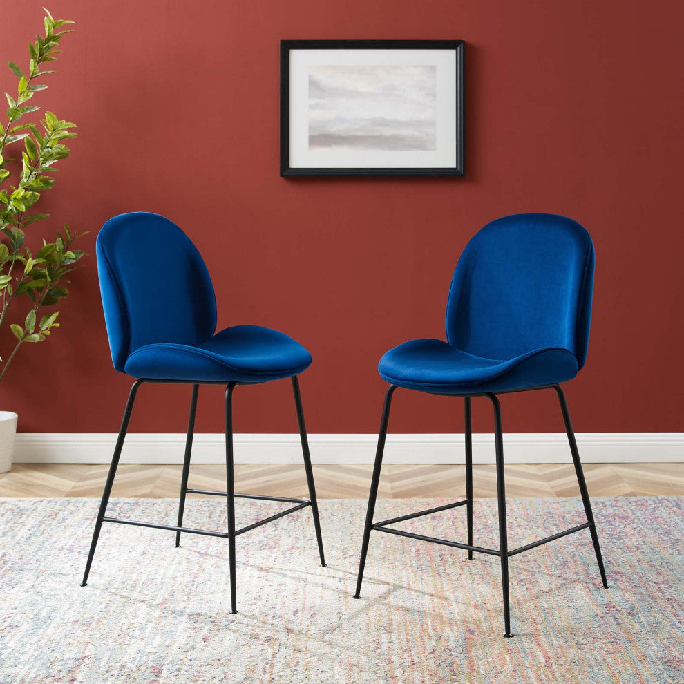 Counter Stool Chair, Velvet, Metal, Blue Navy, Modern, Bar Pub Bistro Restaurant