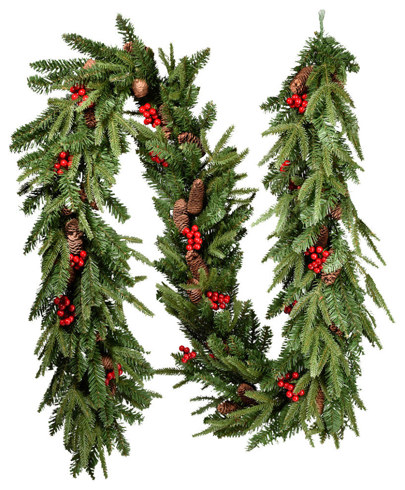 Serene Spaces Living 9ft Faux Pine Garland With Red Berries and Mini Pinecones