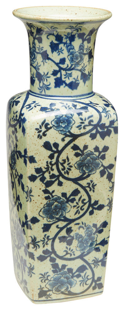 17" Square Antique Speckled Blue and White Vase
