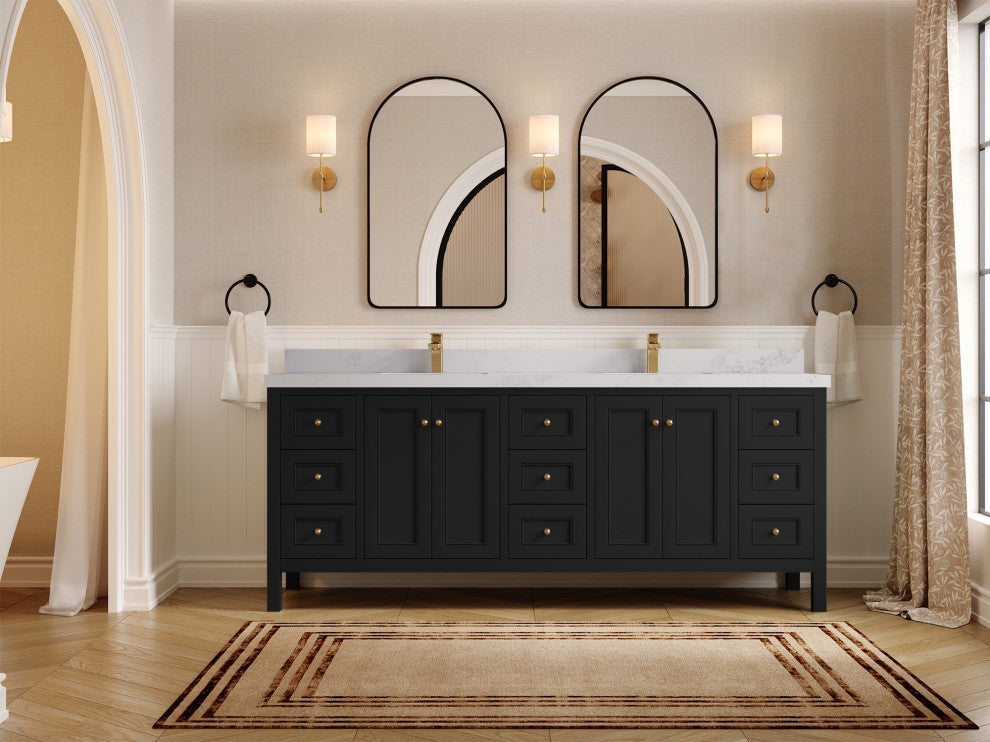 Nashville 84" Double Sink Bath Vanity, Black 2" Calacatta Nuvo