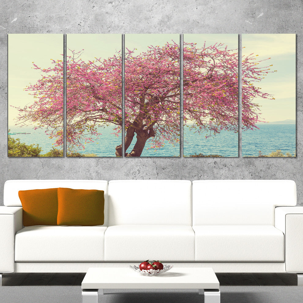 Pink Flowers on Lonely Tree, Landscape Canvas Art Print, 60"x28", 5 Panels