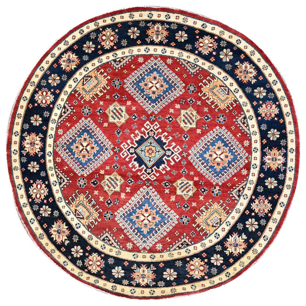 Red Woven Rug Red Hand Knotted Densely Woven Special Kazak Medallions Round Rug 8' x