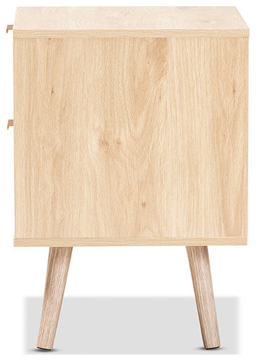 Lani Mid-Century Modern Light Oak Brown Wood and Rattan 2-Drawer Nightstand
