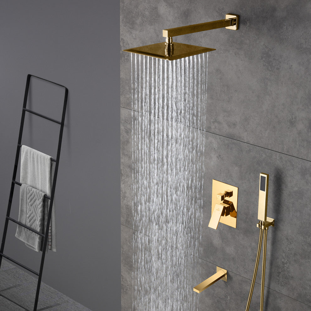 CASAINC 10" Wall Mounted Luxury Dual Rainfall Shower System Kit w Bathtub Spout, Gold