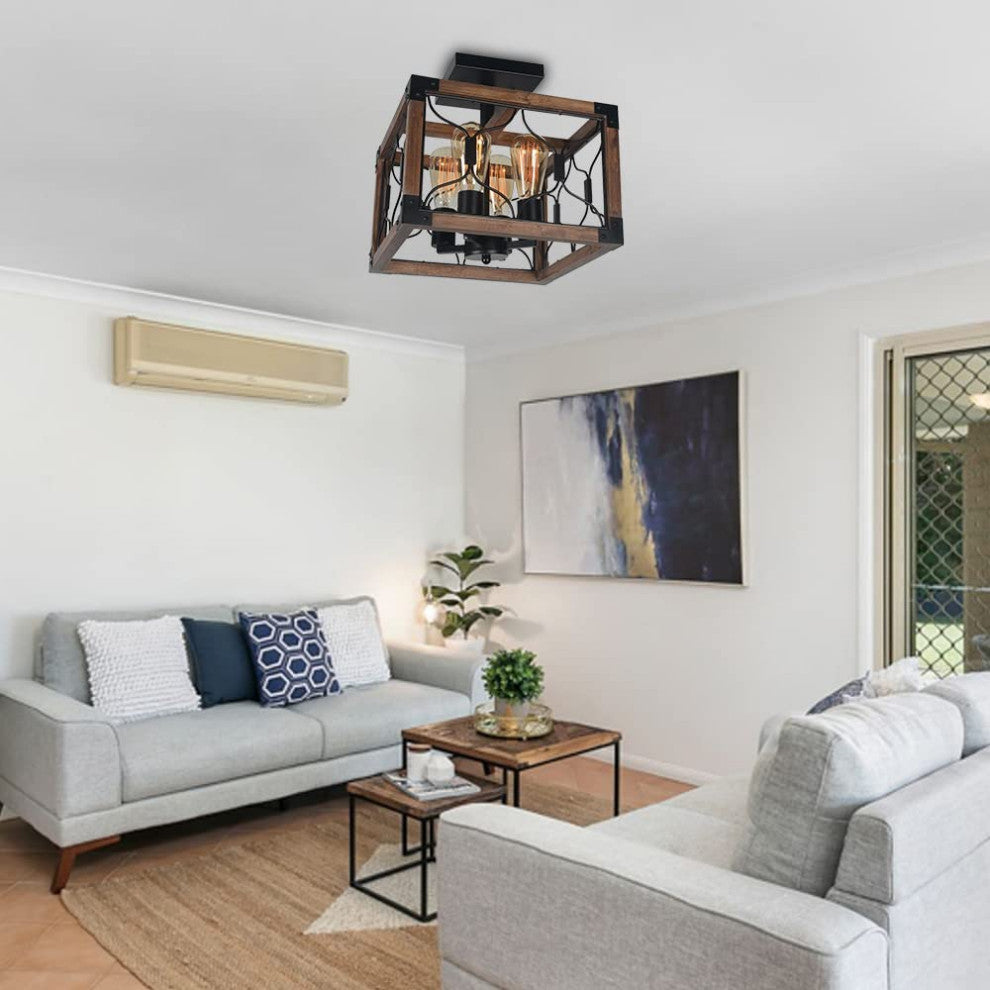 4 Light Industrial Ceiling Lamp, Rust, Square, Semi Flush Mount, Cage