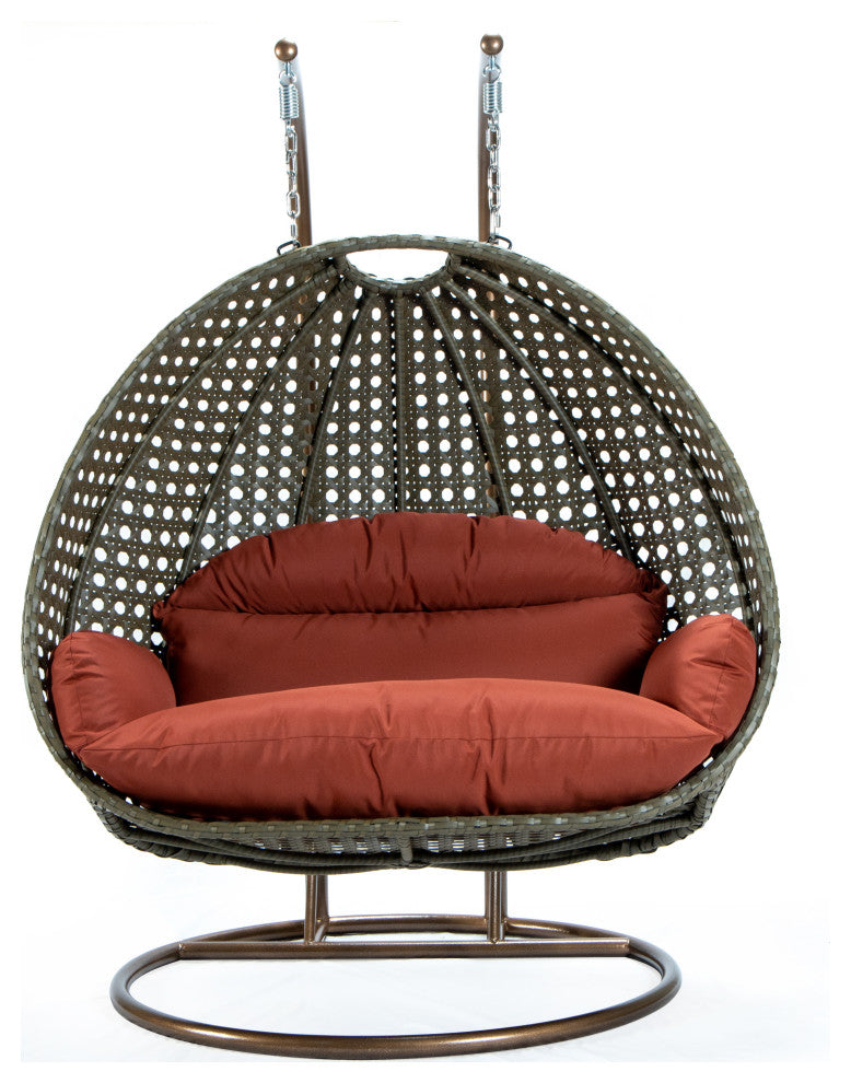 2 Person Beige Wicker Double Hanging Egg Swing Chair, Dark Orange