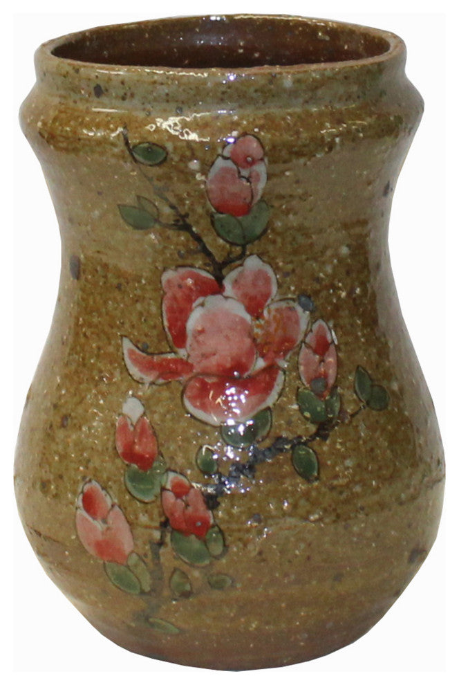 Handmade Ceramic Brown Tan Gray Flower Graphic Jar Vase Hws2464