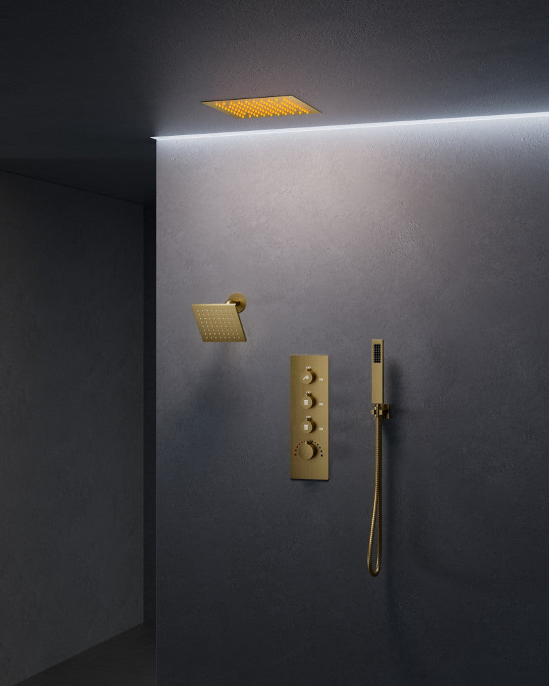 LED Dual Heads 12" Rain Shower System With Thermostatic 3-Way Faucet, Brushed Gold
