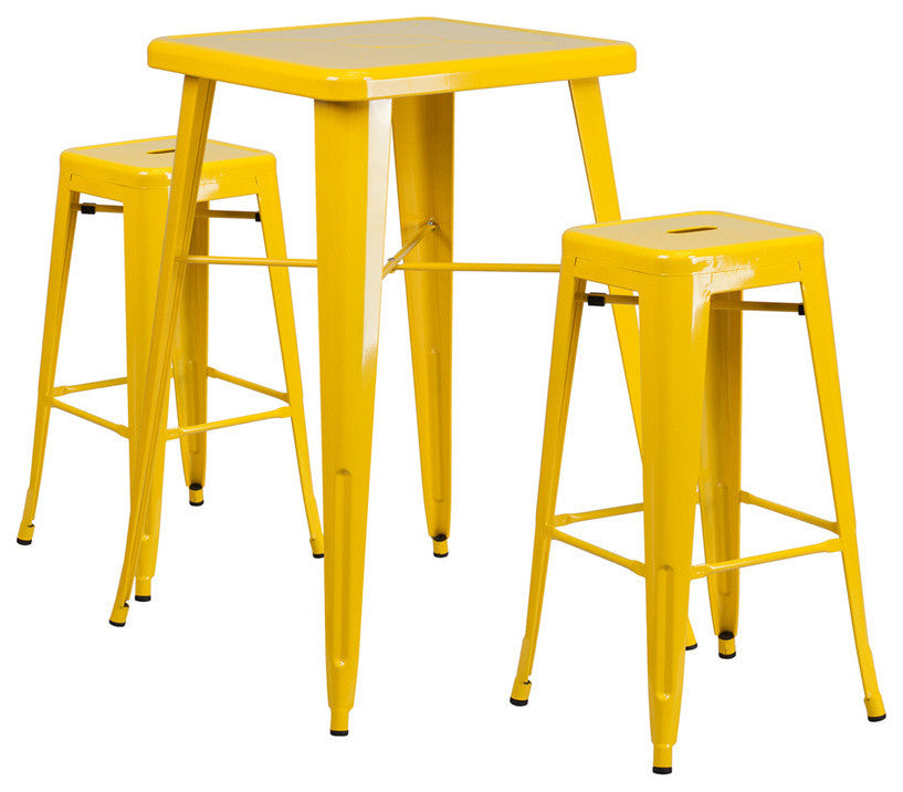Metal Indoor-Outdoor Bar Table Set With 2 Backless Barstools, Yellow, 27.75"x27