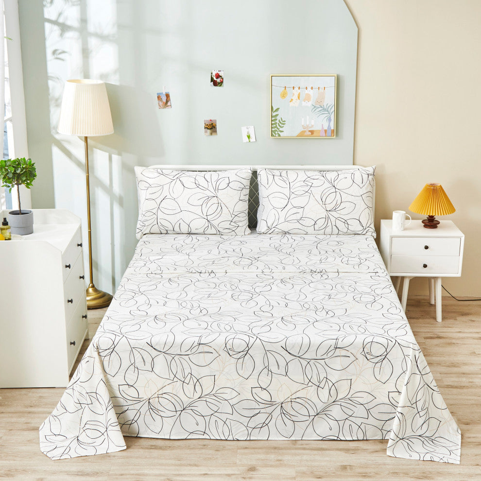 Tache Modern Leaf Foliage Abstract Floral White Grey Black Top Flat Sheet, Twin