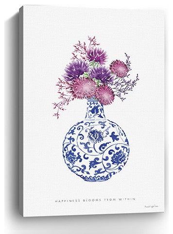 48" x 32" Blue and White Happiness Floral Vase Canvas Wall Art