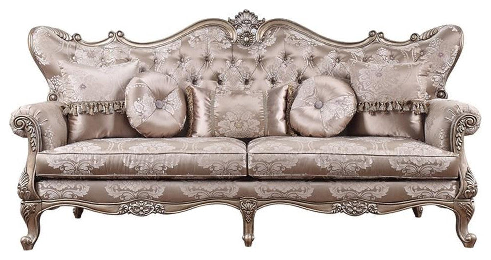 ACME Jayceon Fabric Tufted Sofa with 5 Pillows in Champagne Beige
