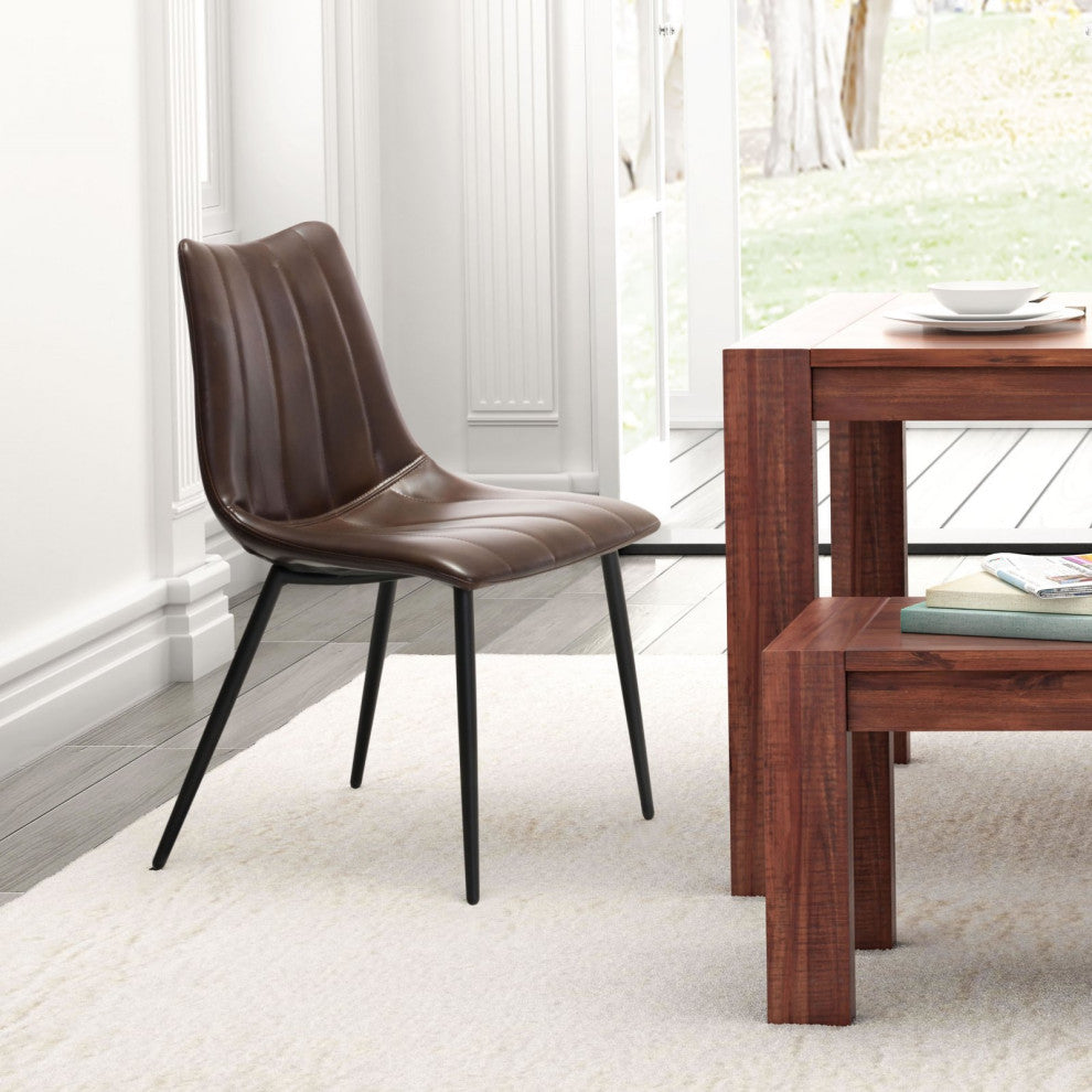 Dining Chair, Set of 2, Faux Vinyl Leather, Steel, Brown, Kitchen Cafe Bistro