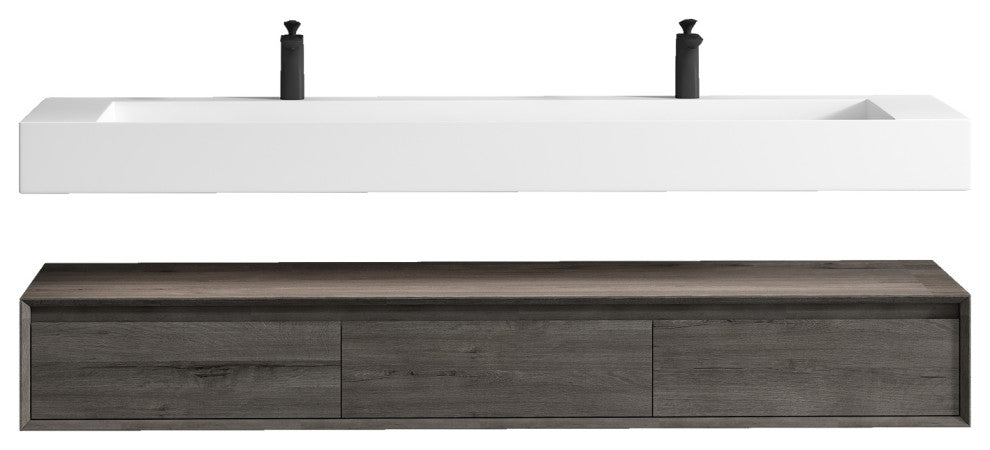 Alysa 72" Floating Bath Vanity, Acrylic Sink/Double Faucet Hole, Smoke Oak