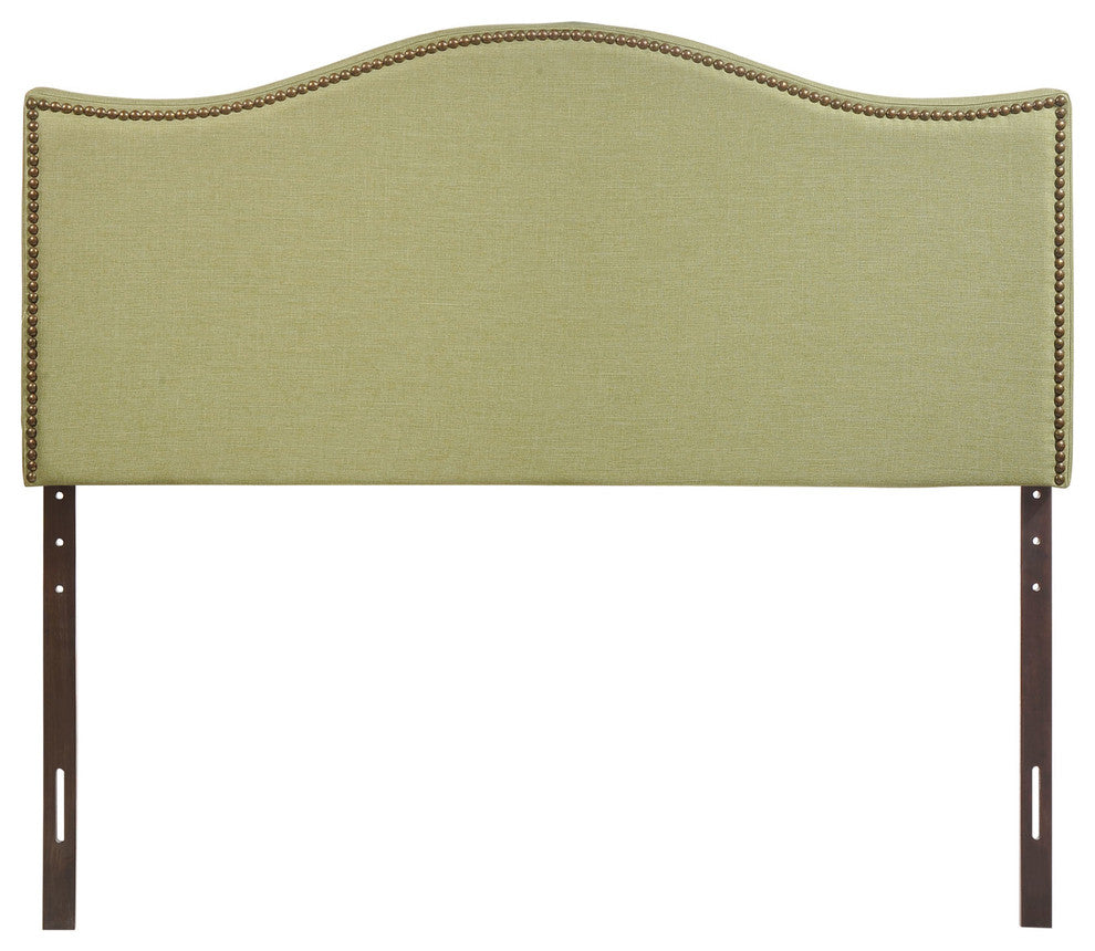 Modern Contemporary Queen Size Nailhead Upholstered Headboard, Green Fabric