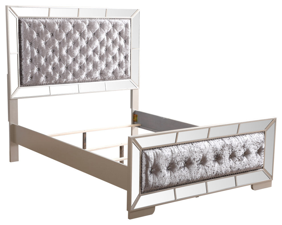 Galera Tufted and Mirrored Bed, Gray, Queen