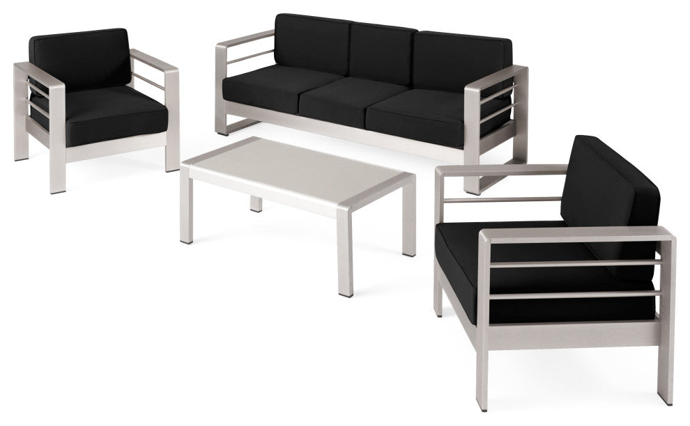 Crested Bay Outdoor Aluminum 5 Seater Chat Set With Sunbrella Cushions, Silver/Black