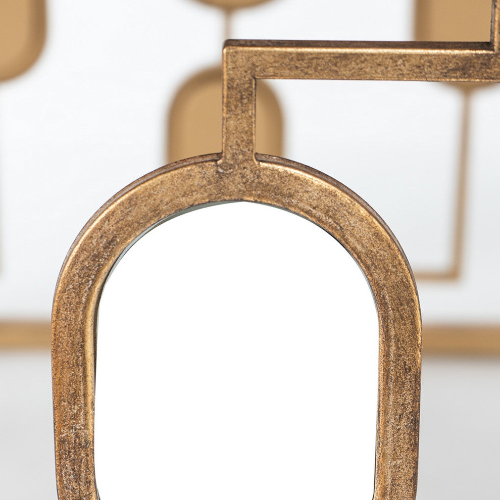 Benzara Coffee Table, Mirror Top, Geometric Patterns, Iron, Modern, Gold