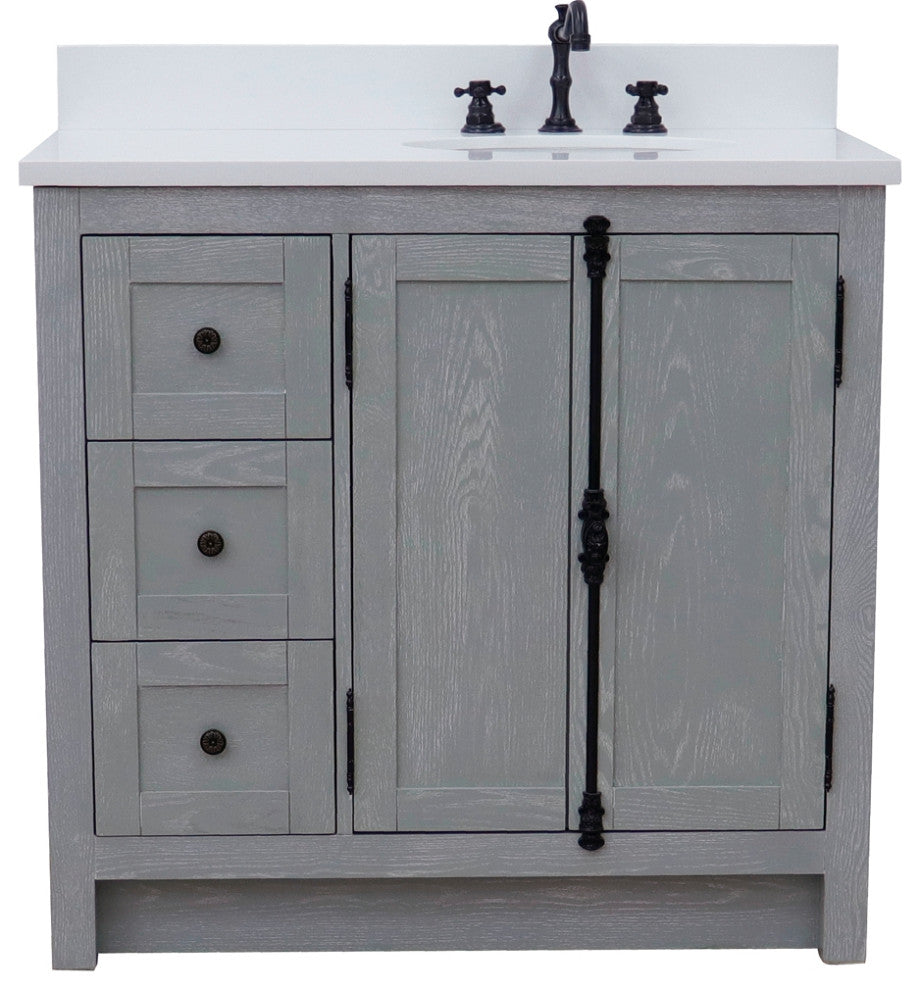37" Vanity, Gray Ash With Engineered Stone Top, Right Doors/Right Oval Sink