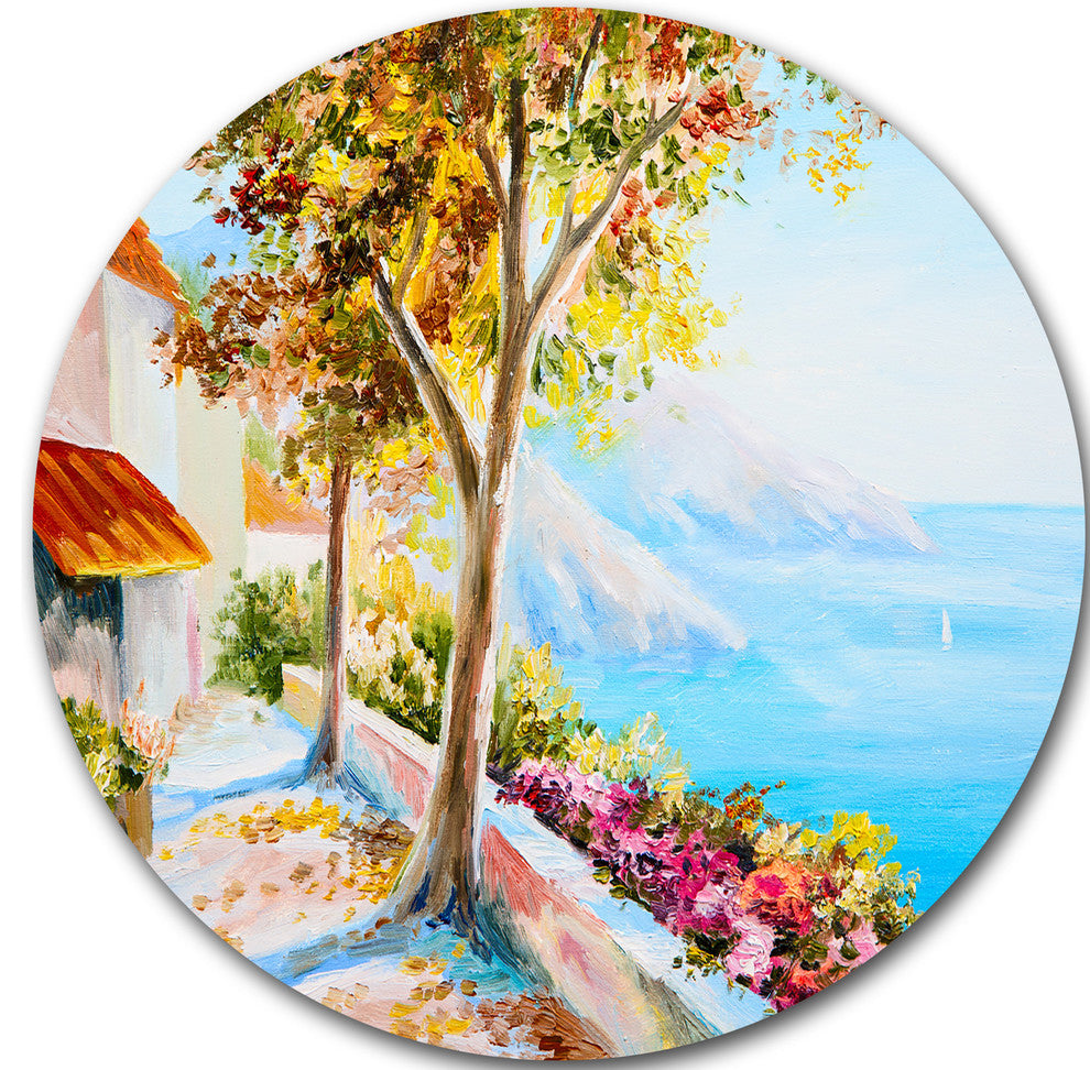 House And Sea In The Fall, Landscape Disc Metal Artwork, 23"