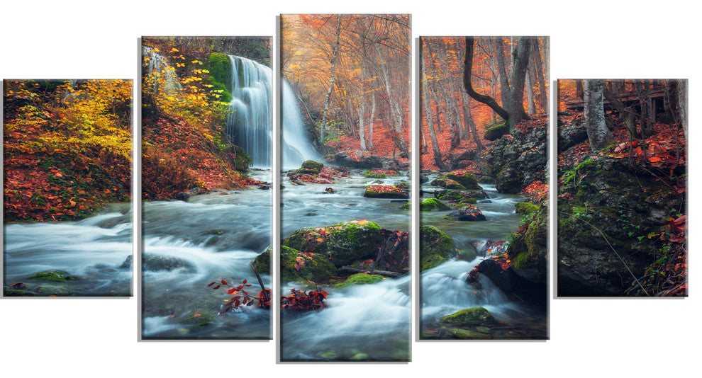 "Autumn Mountain Waterfall Long View" Landscape Photo Wall Art, 5 Panel, 60"x32"