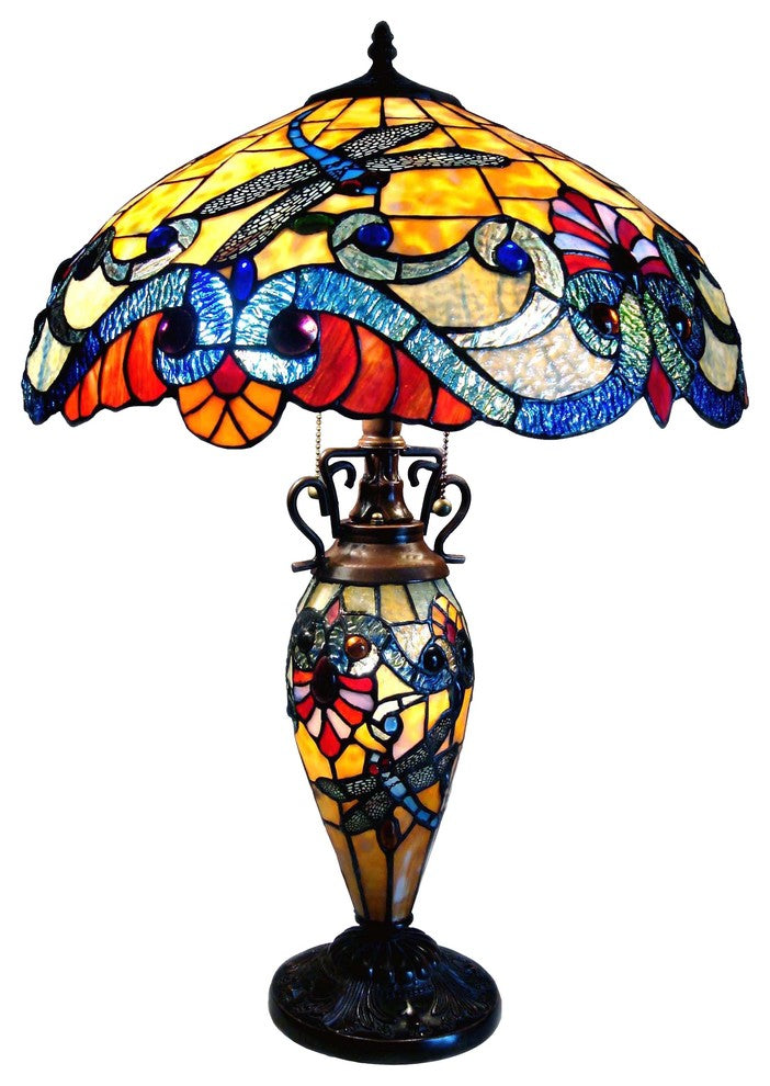 Chloe-Lighting 3-Light Tiffany Style Dragonfly Double Lit Table Lamp