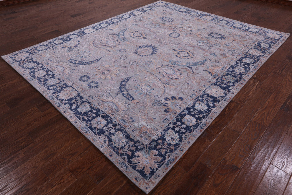 8' 0" X 10' 1" Persian Sickle Leaf Design Hand Knotted Wool and Silk Rug Q7095