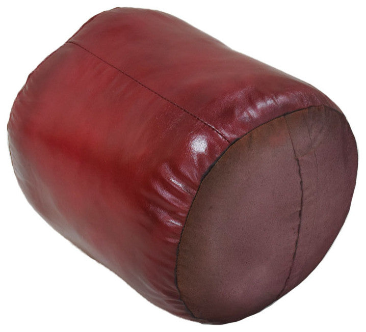 Pouf-Solid Handmade Leather Pouf (Recycled Foam with Fiber Fill), Dark Pink, (Round) 14x14x14