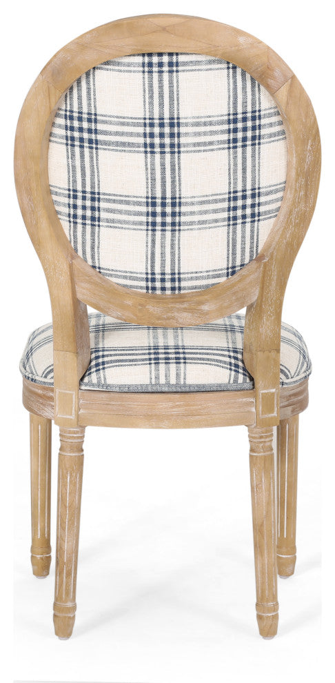 Lariya French Country Fabric Dining Chairs (Set of 2), Dark Blue Plaid + Natural, Two (2) Dining Chairs