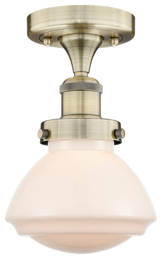Olean-1 Light 7" Semi-Flush Mount-Antique Brass, Matte White Glass Shade