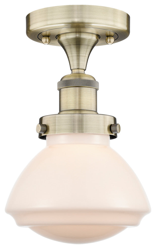 Olean-1 Light 7" Semi-Flush Mount-Antique Brass, Matte White Glass Shade