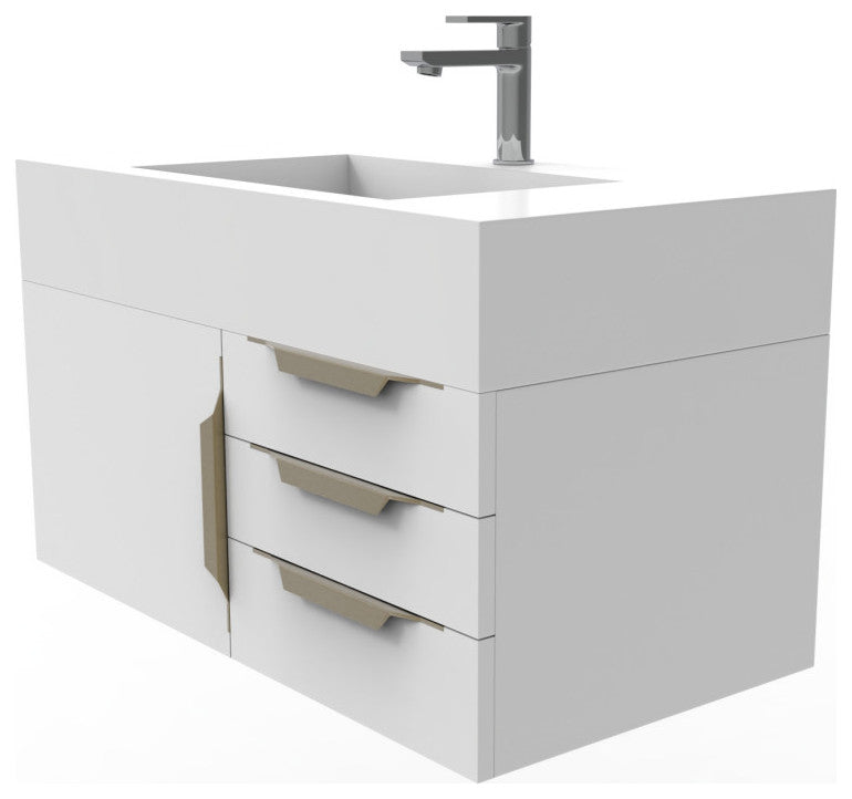 CastelloUSA Nile 36" Wall Mounted Vanity Set, White, White Top, Gold Handles