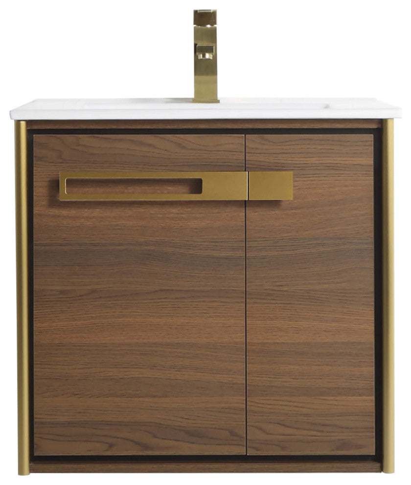 Oakville Wall Mount Bathroom Vanity, Walnut Ebony, 24", Satin Brass Hardware