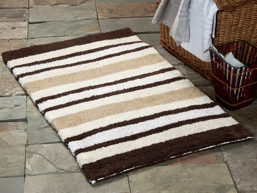 Bath Rug Cotton, 2 Piece Set, Pattern Woven Stripe, Ivory, 24"x17" and 34"x21"