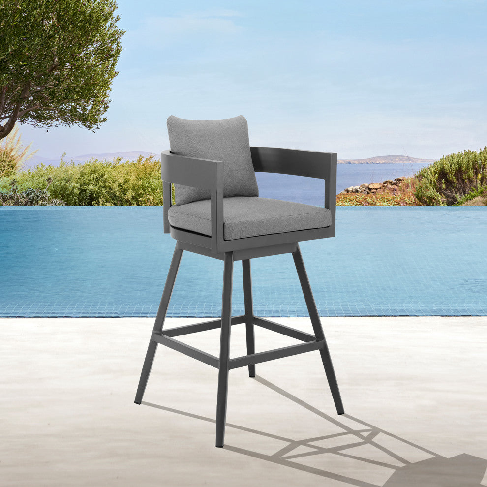 Menorca Outdoor Patio Swivel Counter Stool, Aluminum With Gray Cushions